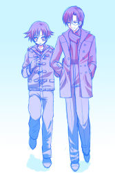 Rule 34 | 2boys, blush, coat, full body, glasses, gradient background, height difference, holding another&#039;s arm, male focus, multiple boys, original, sasatsuyu, short hair, smile, yaoi