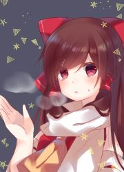 1girl ascot bare_shoulders blush bow breasts breath brown_hair cacao_(cacaomgmg) detached_sleeves hair_bow hair_tubes hakurei_reimu highres long_hair open_mouth red_bow red_eyes red_vest scarf small_breasts touhou very_long_hair vest white_scarf white_sleeves wide_sleeves yellow_ascot