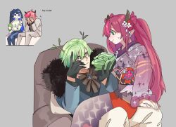Rule 34 | 2boys, 2girls, antlers, armchair, branch, cabbage, ceres faun, ceres fauna, chair, cup, detached sleeves, drinking glass, face in hands, fongban illust, formal, fur-trimmed jacket, fur trim, gloves, green hair, grey background, highres, hololive, hololive english, horns, host, iryk (hololive), irys (hololive), irys (new year) (hololive), jacket, japanese clothes, kimono, long hair, multiple boys, multiple girls, ouro kronii, short hair, sitting, sitting on lap, sitting on person, suit, virtual youtuber