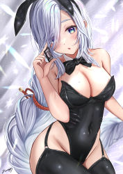 Rule 34 | 1girl, absurdres, animal ears, black bow, black bowtie, black thighhighs, blue eyes, blush, bow, bowtie, braid, breasts, cleavage, collarbone, commentary, condom, condom wrapper, eyelashes, fake animal ears, feet out of frame, fingernails, garter straps, genshin impact, hair over one eye, head tilt, highres, holding, large breasts, leotard, long bangs, long hair, looking at viewer, low-braided long hair, low-tied long hair, nori chazuke, open mouth, playboy bunny, rabbit ears, shenhe (genshin impact), signature, solo, standing, thighhighs, thighs, wing collar