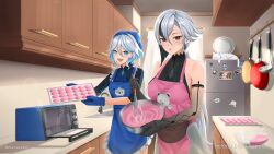 Rule 34 | 2girls, absurdres, apron, arlecchino (genshin impact), baking, black eyes, black hair, black hands, black shirt, blue apron, blue eyes, blue hair, bowl, breasts, cat, cooking, food, furina (genshin impact), genshin impact, grey hair, highres, holding, holding bowl, holding whisk, kitchen, light blue hair, long hair, looking at viewer, macaron, massoukei, medium breasts, multiple girls, oven mitts, parted lips, pink apron, shirt, symbol-shaped pupils, toaster oven, twitter username, upper body, wavy hair, whisk, x-shaped pupils