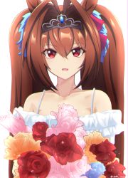 Rule 34 | 1girl, animal ears, bare shoulders, blouse, bouquet, bow, brown hair, collarbone, commentary request, daiwa scarlet (umamusume), detached sleeves, dress, fang, flower, hair bow, highres, holding, holding bouquet, horse ears, horse girl, horse tail, kairi (fotune), long hair, looking at viewer, open mouth, red bow, red eyes, shirt, short sleeves, solo, tail, tiara, twintails, umamusume, upper body, very long hair, white dress, white shirt