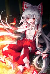 1girl absurdly_long_hair absurdres blood blood_on_face blush bow commentary_request commission fire fujiwara_no_mokou grey_hair hair_bow highres long_hair ofuda ofuda_on_clothes open_mouth outdoors pants pixiv_commission red_eyes red_pants rori82li shoes short_sleeves sitting smile solo suspenders torn_clothes torn_sleeves touhou very_long_hair