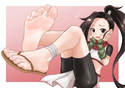 Rule 34 | 1girl, ankle wrap, asymmetrical hair, barefoot, bike shorts, black hair, black shorts, border, brown eyes, commentary request, crop top, embarrassed, feet, feet up, fingerless gloves, foot focus, full body, gloves, gradient background, green gloves, high ponytail, hinosaki, holding head, kunoichi tsubaki no mune no uchi, leaning back, legs, long hair, looking at viewer, ninja, open mouth, pink background, ponytail, red scarf, sandals, scarf, short sleeves, shorts, single sandal, soles, solo, toes, tsubaki (kunoichi tsubaki no mune no uchi), white border