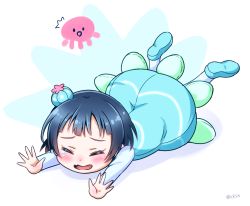 Rule 34 | ^^^, 1girl, blue dress, blue footwear, blue hair, blue legwear, blush, bun cover, child, ckst, commentary request, dress, closed eyes, fallen down, highres, jellyfish, jellyfish costume, long sleeves, love live!, love live! school idol festival, love live! sunshine!!, open mouth, outstretched arms, short hair, skin fang, solo, tearing up, tsushima yoshiko, twitter username, aged down