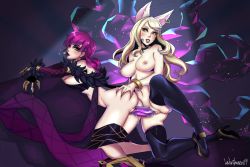 Rule 34 | 2girls, ahri (league of legends), animal ears, ass grab, bent over, blonde hair, blush, breasts, breasts out, choker, claws, crossed arms, dildo, double dildo, ear piercing, elbow gloves, evelynn (league of legends), facial mark, fox ears, fox girl, fur trim, gloves, high heels, k/da (league of legends), k/da ahri, k/da evelynn, kneeling, large breasts, league of legends, lips, lipstick, looking at viewer, looking away, makeup, microphone, multiple girls, navel, nipples, nose, nude, piercing, pink hair, pumps, purple lips, pussy, pussy juice, sex toy, signature, skirt, skirt down, thighhighs, uncensored, vaginal, velvetqueenh, whisker markings, wristband, yellow eyes, yuri
