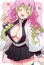 Rule 34 | 1girl, belt, black jacket, black skirt, braid, breasts, cleavage, clenched hand, closed eyes, demon slayer uniform, ekra, gradient hair, green hair, green thighhighs, hand up, haori, heart, highres, jacket, japanese clothes, kanroji mitsuri, kimetsu no yaiba, large breasts, long hair, mole, mole under each eye, mole under eye, multicolored hair, multiple braids, multiple moles, open mouth, partially unbuttoned, pink hair, pleated skirt, skirt, solo, standing, thighhighs, tri braids, white belt