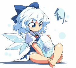 Rule 34 | 1girl, ario, barefoot, blue eyes, blue hair, bow, cirno, crossover, eyebrows, feet, hair bow, ice, matching hair/eyes, metroid, metroid (creature), short hair, smile, solo, touhou, wings