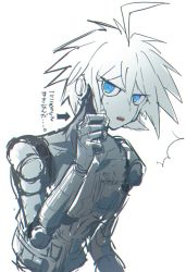 Rule 34 | 10s, 1boy, android, unworn armor, blue eyes, colored skin, danganronpa (series), hand on own chin, harunotano, k1-b0, looking at viewer, male focus, danganronpa v3: killing harmony, open mouth, silver hair, simple background, solo, ^^^, upper body, white background, white skin
