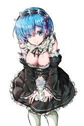 Rule 34 | 10s, 1girl, blue eyes, blue hair, blush, breasts, cleavage, cleavage cutout, closed mouth, clothing cutout, detached sleeves, dress, eyes visible through hair, frilled sleeves, frills, hair ornament, hair over one eye, head tilt, highres, leaning forward, looking at viewer, maid, maid headdress, medium breasts, pantyhose, re:zero kara hajimeru isekai seikatsu, rem (re:zero), ribbon-trimmed clothes, ribbon trim, short hair, simple background, sleeves past wrists, smile, solo, ubo, white background, white pantyhose, x hair ornament