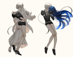 Rule 34 | 2others, absurdres, androgynous, belt, black footwear, black necktie, blue hair, blue nails, commentary, covered eyes, covered face, crystal hair, dancing, dual persona, english commentary, floating hair, full body, gem uniform (houseki no kuni), ghost quartz (houseki no kuni), grey hair, grey nails, hair over eyes, headless, highres, holding another&#039;s head, houseki no kuni, iciriini, implied kiss, lab coat, lapis lazuli (houseki no kuni), loafers, long hair, multiple others, necktie, other focus, puffy short sleeves, puffy sleeves, sandals, severed head, shoes, short hair with long locks, short sleeves, simple background, socks, solo, spoilers, tsuki jin, very long hair, white background, white footwear, white socks, zouri