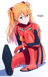 Rule 34 | 1girl, blue eyes, bodysuit, breasts, character name, full body, highres, interface headset, long hair, looking at viewer, neon genesis evangelion, orange hair, plugsuit, red bodysuit, simple background, sitting, skin tight, smile, solo, souryuu asuka langley, twintails, two side up, white background, yakisobaosu