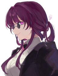Rule 34 | 1girl, black jacket, collared shirt, commentary request, heart, honkai: star rail, honkai (series), jacket, kafka (honkai: star rail), long hair, looking at viewer, open clothes, open jacket, parted lips, pink eyes, purple hair, round eyewear, shirt, sideways glance, simple background, smile, solo, sunglasses, upper body, white background, white shirt, yanfei u