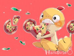Rule 34 | animal focus, artist name, colored skin, commentary request, creatures (company), eating, food, game freak, gen 5 pokemon, hanabusaoekaki, highres, nintendo, no humans, pepperoni, pizza, pokemon, pokemon (creature), red background, scraggy, simple background, solo, sprout, tail, teeth, yellow skin