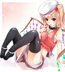 Rule 34 | 1girl, alternate costume, black thighhighs, blonde hair, blush, collar, colorized, crop top, crop top overhang, crystal, cuffs, female focus, flandre scarlet, handcuffs, hat, highres, off shoulder, red eyes, sasakichi (ssk chi), short hair, shorts, side ponytail, solo, tank top, thighhighs, tongue, touhou, wings