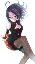 Rule 34 | 1girl, absurdres, ahoge, arm support, black dress, black hair, black sleeves, bloom, breasts, bridal gauntlets, brooch, china dress, chinese clothes, cleavage, cleavage cutout, clothing cutout, cropped legs, daikou-chan, detached sleeves, dress, eyelashes, fingernails, fishnet pantyhose, fishnets, glasses, high ponytail, highres, indie virtual youtuber, invisible chair, jewelry, knee up, kson, large breasts, long hair, messy hair, mole, mole under eye, pantyhose, parted bangs, purple eyes, red-framed eyewear, satata (momoshiger), semi-rimless eyewear, simple background, sitting, smile, solo, sparkle, under-rim eyewear, virtual youtuber, white background