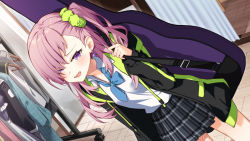 Rule 34 | 1girl, bad id, bad twitter id, blush, carrying over shoulder, clothes shop, commentary request, dressing room, earrings, fang, green scrunchie, grin, guitar case, hair over one eye, instrument case, jacket, jewelry, leaning forward, long hair, looking at viewer, loose necktie, necktie, open clothes, open collar, open jacket, open mouth, original, over shoulder, pink hair, plaid, plaid skirt, purple eyes, rasaras leonids, school uniform, scrunchie, side ponytail, skirt, smile, smug, solo, teeth