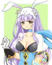Rule 34 | 1girl, alternate costume, animal ears, bare shoulders, book, cape, circlet, collarbone, detached sleeves, dress, easter, easter egg, egg, fake animal ears, fire emblem, fire emblem: genealogy of the holy war, gloves, hair between eyes, julia (fire emblem), long hair, looking at viewer, nintendo, purple eyes, purple hair, rabbit ears, see-through, see-through sleeves, smile, solo, twitter username, white gloves, wrist cuffs, yukia (firstaid0)