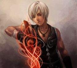 Rule 34 | dragon buster, fingerless gloves, fire, fire, game console, gloves, jewelry, lloyd, looking at viewer, magic, male focus, muscular, necklace, red eyes, silver hair, sword, the legend of dragoon, weapon, wingly