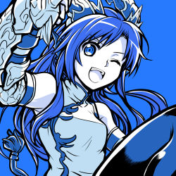 Rule 34 | 1girl, ;d, bare shoulders, blue eyes, blue hair, blue theme, china dress, chinese clothes, dragon girl, dragon horns, dress, fins, gauntlets, head fins, highres, horns, ishiyumi, karin (p&amp;d), long hair, matching hair/eyes, monochrome, one eye closed, open mouth, puzzle &amp; dragons, simple background, smile, solo