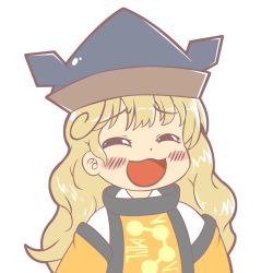 Rule 34 | 1girl, blonde hair, blush, brown hat, cape, closed eyes, commentary request, constellation, constellation print, detached sleeves, grey hat, gyate gyate, hat, long hair, long sleeves, matara okina, open mouth, orange cape, shimaya naokazu, shirt, simple background, smile, solo, tabard, tongue, touhou, transparent background, upper body, wavy hair, white background, white shirt, wide sleeves