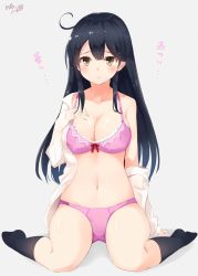 Rule 34 | 10s, 1girl, ahoge, artist name, bad id, bad twitter id, bare arms, bare shoulders, black hair, black socks, blush, bra, breasts, brown eyes, cleavage, collarbone, full body, grey background, hand on own chest, highres, hot, kantai collection, kneehighs, large breasts, long sleeves, looking at viewer, midriff, navel, no shoes, off shoulder, open clothes, open shirt, panties, pink bra, pink panties, shirt, signature, simple background, sitting, socks, solo, stomach, takehana note, text focus, translation request, underwear, ushio (kancolle), wariza, white shirt