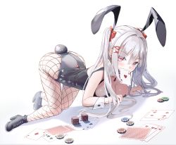 Rule 34 | 1girl, ace (playing card), ace of hearts, all fours, animal ears, black footwear, black leotard, boots, bow, breasts, card, cleavage, club (shape), commentary, diamond (shape), dice, english commentary, fishnet pantyhose, fishnets, full body, hair between eyes, hair bow, hair ornament, hairclip, heart, high heel boots, high heels, highres, large breasts, leotard, long hair, mouth hold, original, pantyhose, playboy bunny, playing card, poker chip, rabbit ears, rabbit hair ornament, rabbit tail, red bow, red eyes, seero, silver hair, solo, strapless, strapless leotard, tail, twintails, very long hair, white background, wrist cuffs