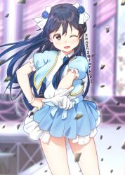 Rule 34 | 1girl, blue hair, blue necktie, blush, commentary request, cowboy shot, flower, gloves, hair between eyes, hair flower, hair ornament, hair ribbon, holding, long hair, looking at viewer, love live!, love live! school idol festival, love live! school idol project, microphone, necktie, one eye closed, open mouth, pointing, pointing at viewer, ribbon, single glove, skull573, smile, solo, sonoda umi, white gloves, yellow eyes
