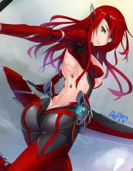 Rule 34 | 1girl, android, ass, blade, breasts, butt crack, def (chronowarld), eyepatch, green eyes, highres, joints, long hair, looking at viewer, looking back, mechanical arms, original, red hair, robot ears, robot joints, smile, solo