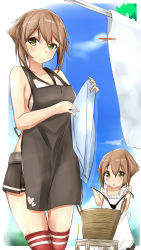 Rule 34 | 10s, 2girls, aged down, apron, bare shoulders, basket, black panties, blue sky, brown hair, clothesline, commentary request, crop top, day, highleg, highleg panties, highres, if they mated, kantai collection, laundry, looking at viewer, miniskirt, mother and daughter, multiple girls, mutsu (kancolle), open mouth, panties, revision, saku (kudrove), short hair, skirt, sky, stool, striped clothes, striped legwear, striped thighhighs, thighhighs, underwear, yellow eyes