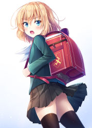 Rule 34 | 10s, 1girl, :o, akashio (loli ace), ass, backpack, bag, black skirt, black thighhighs, blazer, blonde hair, blue background, blue eyes, blush, commentary request, female focus, girls und panzer, gradient background, green blazer, hair between eyes, highres, jacket, katyusha (girls und panzer), looking at viewer, looking to the side, neckerchief, no panties, open mouth, pleated skirt, randoseru, skirt, solo, thighhighs, v-shaped eyebrows, white background, white neckerchief