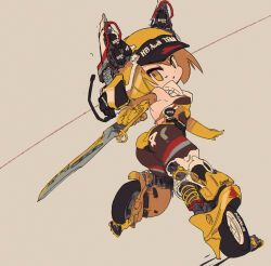 Rule 34 | 1girl, absurdres, ass, audi, audi quattro, blonde hair, bodystocking, brown background, cable, castrol, elbow gloves, gloves, highres, holding, holding sword, holding weapon, leotard, looking back, mecha musume, personification, rikona, short hair, solo, sword, weapon, wheel, world rally championship, yellow eyes, yellow gloves, yellow leotard