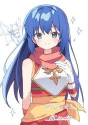 Rule 34 | 1girl, aged down, arm behind back, armor, bare shoulders, blue eyes, blue hair, breastplate, caeda (fire emblem), fire emblem, fire emblem: shadow dragon, fire emblem heroes, gloves, long hair, looking at viewer, nintendo, official alternate costume, pegasus, scarf, smile, white background, white gloves, zoirun