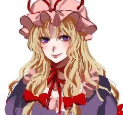 Rule 34 | 1girl, blonde hair, bow, closed mouth, commentary request, dress, frills, hair between eyes, hair bow, hat, hat ribbon, highres, korean commentary, kuya (hey36253625), lips, long hair, looking at viewer, mob cap, neck ribbon, pink hat, puffy short sleeves, puffy sleeves, purple dress, purple eyes, red bow, red ribbon, ribbon, short sleeves, sidelocks, simple background, smile, solo, touhou, upper body, wavy hair, white background, yakumo yukari