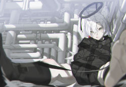 Rule 34 | 1girl, absurdres, barefoot, blood, boots, chromatic aberration, halo, head wings, highres, looking at viewer, nosebleed, original, single boot, sitting, solo, spread legs, straitjacket, white hair, wings, yellow eyes, yoneyama mai