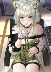 Rule 34 | 1girl, animal ear fluff, arknights, bare shoulders, blunt bangs, blush, chair, collar, collarbone, commentary request, deras, detached collar, dress, from above, green dress, green eyes, highres, indoors, kal&#039;tsit (arknights), long sleeves, looking at viewer, material growth, off-shoulder jacket, off shoulder, open mouth, oripathy lesion (arknights), see-through, see-through sleeves, short hair, silver hair, sitting, solo, stethoscope, watch, wristwatch