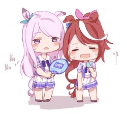 Rule 34 | 2girls, :d, animal ears, blouse, blue bow, blue ribbon, blue shirt, blush stickers, bow, brown hair, chibi, closed eyes, ear ribbon, fanning, food, hair ribbon, hand fan, high ponytail, highres, holding, holding fan, holding food, horse ears, horse girl, horse tail, long hair, mejiro mcqueen (umamusume), motion lines, multicolored hair, multiple girls, open mouth, paper fan, parted lips, pink ribbon, pleated skirt, ponytail, popsicle, puffy short sleeves, puffy sleeves, purple eyes, purple hair, purple shirt, ribbon, school uniform, shadow, shirt, short sleeves, skirt, smile, standing, streaked hair, sweat, swept bangs, tail, tokai teio (umamusume), tracen school uniform, translation request, uchiwa, umamusume, very long hair, white background, white hair, white skirt, yuzip