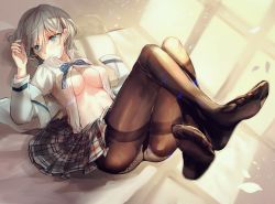 Rule 34 | 1girl, anastasia (idolmaster), blazer, blue eyes, breasts, cleavage, crossed legs, dress shirt, feet, foot focus, foreshortening, grey hair, gusset, highres, idolmaster, idolmaster cinderella girls, jacket, lace, lace-trimmed legwear, lace trim, looking away, lying, medium breasts, navel, neck ribbon, no bra, no shoes, on back, open clothes, open mouth, open shirt, panties, panties under pantyhose, pantyhose, petals, plaid, plaid skirt, plank, ribbon, rum raisin (chihiromakita19), shirt, short hair, skirt, solo, thighband pantyhose, thighs, underwear, white panties, wings