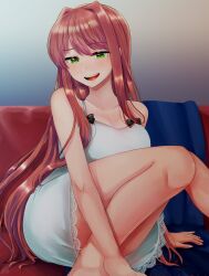 Rule 34 | 1girl, bare shoulders, black ribbon, breasts, brown hair, cocked eyebrow, collarbone, couch, covering privates, covering crotch, covering privates, doki doki literature club, feet out of frame, fingernails, gradient background, green eyes, hair between eyes, hair intakes, hair over shoulder, happy, highres, hiota (kuhi 0301), knees, knees together feet apart, lace trim, large breasts, light blush, long hair, monika (doki doki literature club), nightgown, on couch, open mouth, ribbon, round teeth, sitting, sleeveless, smile, solo, teeth, thick thighs, thighs, upper teeth only, white nightgown