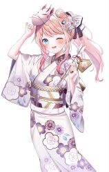 Rule 34 | 1girl, ;d, blue eyes, commentary request, cowboy shot, highres, holding, indie virtual youtuber, japanese clothes, kimono, kohakuruna, long hair, long sleeves, looking at viewer, mask, mask on head, obi, one eye closed, open mouth, pink hair, pome charo, ponytail, sash, smile, solo, standing, virtual youtuber, white kimono