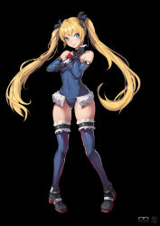 Rule 34 | 1girl, absurdres, adjusting clothes, adjusting gloves, bare shoulders, black background, black footwear, black ribbon, blonde hair, blue eyes, blue leotard, blue one-piece swimsuit, blue thighhighs, blush, breasts, covered navel, dead or alive, dead or alive 5, dead or alive 6, elbow gloves, frills, full body, gloves, hair ornament, hair ribbon, highres, leotard, long hair, looking at viewer, marie rose, miyano haruto, one-piece swimsuit, ribbon, simple background, small breasts, smile, solo, standing, swimsuit, thighhighs, twintails, very long hair, white background, x hair ornament