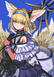 Rule 34 | 1girl, animal ear fluff, animal ears, arknights, bare shoulders, belt, belt pouch, black gloves, blue hairband, cape, closed mouth, commentary request, cowboy shot, fox ears, fox girl, fox tail, frilled cape, gloves, green eyes, hair rings, hairband, highres, holding, holding staff, kaneni, looking at viewer, material growth, oripathy lesion (arknights), pouch, purple skirt, short hair, skirt, smile, solo, staff, suzuran (arknights), tail, white cape, wrist cuffs, yellow eyes