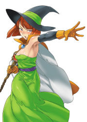 Rule 34 | 1girl, armpits, bare shoulders, blush, brown hair, dragon quest, dragon quest iii, elbow gloves, gloves, hat, mage (dq3), nanboku, solo, witch hat