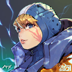 Rule 34 | 1girl, animification, apex legends, blonde hair, blue bodysuit, blue eyes, blue headwear, bodysuit, commentary, copyright name, electricity, english commentary, facial scar, gradient background, highres, hood, hood down, hooded bodysuit, hooded jacket, jacket, looking at viewer, mar10, orange jacket, parted lips, portrait, ribbed bodysuit, scar, scar on cheek, scar on face, solo, wattson (apex legends)