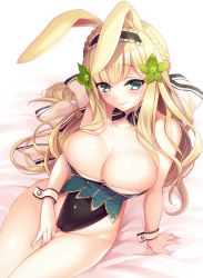 Rule 34 | 1girl, animal ears, bare legs, black hairband, black leotard, blonde hair, blue eyes, blush, bow, braid, breasts, rabbit ears, bupleurum (flower knight girl), bursting breasts, cleavage, closed mouth, cropped legs, crown braid, detached collar, downblouse, flower, flower knight girl, frilled hairband, frills, hair bow, hair flower, hair ornament, hairband, large breasts, leotard, long hair, looking at viewer, plump, sanom, simple background, smile, solo, thigh gap, thighs, white background, white bow, wrist cuffs