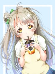 Rule 34 | 1girl, artist name, artist request, blush, bow, bowtie, breasts, brown eyes, brown hair, collared shirt, cup, drinking straw, female focus, green bow, grey hair, hair bow, highres, holding, holding cup, holding drinking straw, light brown hair, long hair, looking at viewer, love live!, love live! school idol project, minami kotori, otonokizaka school uniform, parted lips, red bow, red bowtie, school uniform, shirt, short sleeves, side ponytail, small breasts, smile, solo, striped bow, striped bowtie, striped clothes, suma taki, vest, white shirt, yellow eyes, yellow vest