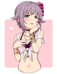 Rule 34 | 1girl, bad id, bad twitter id, bikini, bikini top only, bow, bracelet, breasts, brown eyes, choker, clothing cutout, hair bow, hair flaps, hair intakes, half-closed eyes, hand on own chest, hand on own face, head rest, heart pendant, idolmaster, idolmaster cinderella girls, idolmaster cinderella girls starlight stage, jewelry, koshimizu sachiko, light purple hair, lips, looking at viewer, midriff, nail polish, navel, necklace, omaru gyuunyuu, pink background, pink nails, shirt, short hair, shoulder cutout, small breasts, solo, striped, striped bow, swimsuit, tied shirt, upper body