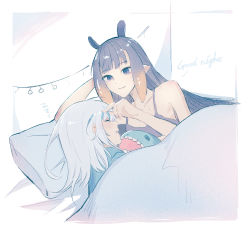 Rule 34 | 2girls, black hair, blue hair, collarbone, crow (aaaaaaa068345), english text, closed eyes, flat chest, gawr gura, grey tank top, hair behind ear, hololive, hololive english, long hair, multicolored hair, multiple girls, ninomae ina&#039;nis, open mouth, pillow, pointy ears, silver hair, sleeping, smile, streaked hair, symbol-only commentary, tank top, tentacle hair, under covers, very long hair, virtual youtuber, yuri, zzz