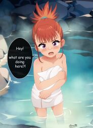 Rule 34 | 1girl, aleuz91, artist name, blush, brown hair, digimon, digimon tamers, english text, female focus, hair tie, highres, looking at viewer, makino ruki, naked towel, open mouth, outdoors, paid reward available, purple eyes, sidelocks, solo, speech bubble, topknot, towel, wading, water