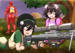Rule 34 | 1boy, 2girls, :d, absurdres, among us, ass, avatar: the last airbender, avatar legends, black hair, character request, commentary, commission, crewmate (among us), dress, fortnite, grass, green dress, green hairband, grey eyes, gun, hair between eyes, hairband, highres, holding, holding gun, holding weapon, multiple girls, open mouth, pink shirt, rifle, scope, sebasdono, shirt, short hair, short sleeves, smile, sniper rifle, toph bei fong, tree, weapon
